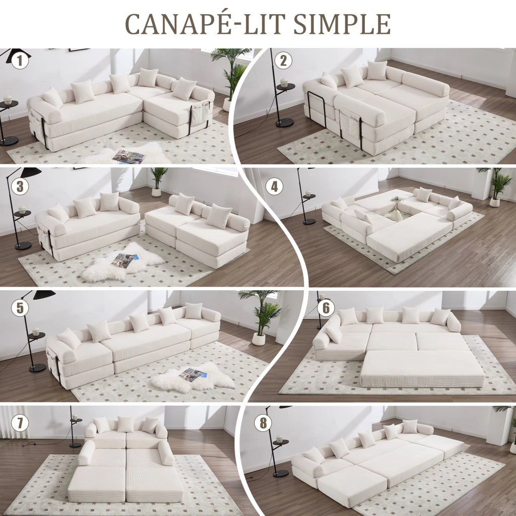 Divano modulare in velluto a coste con tasca laterale e funzione letto per soggiorno beige