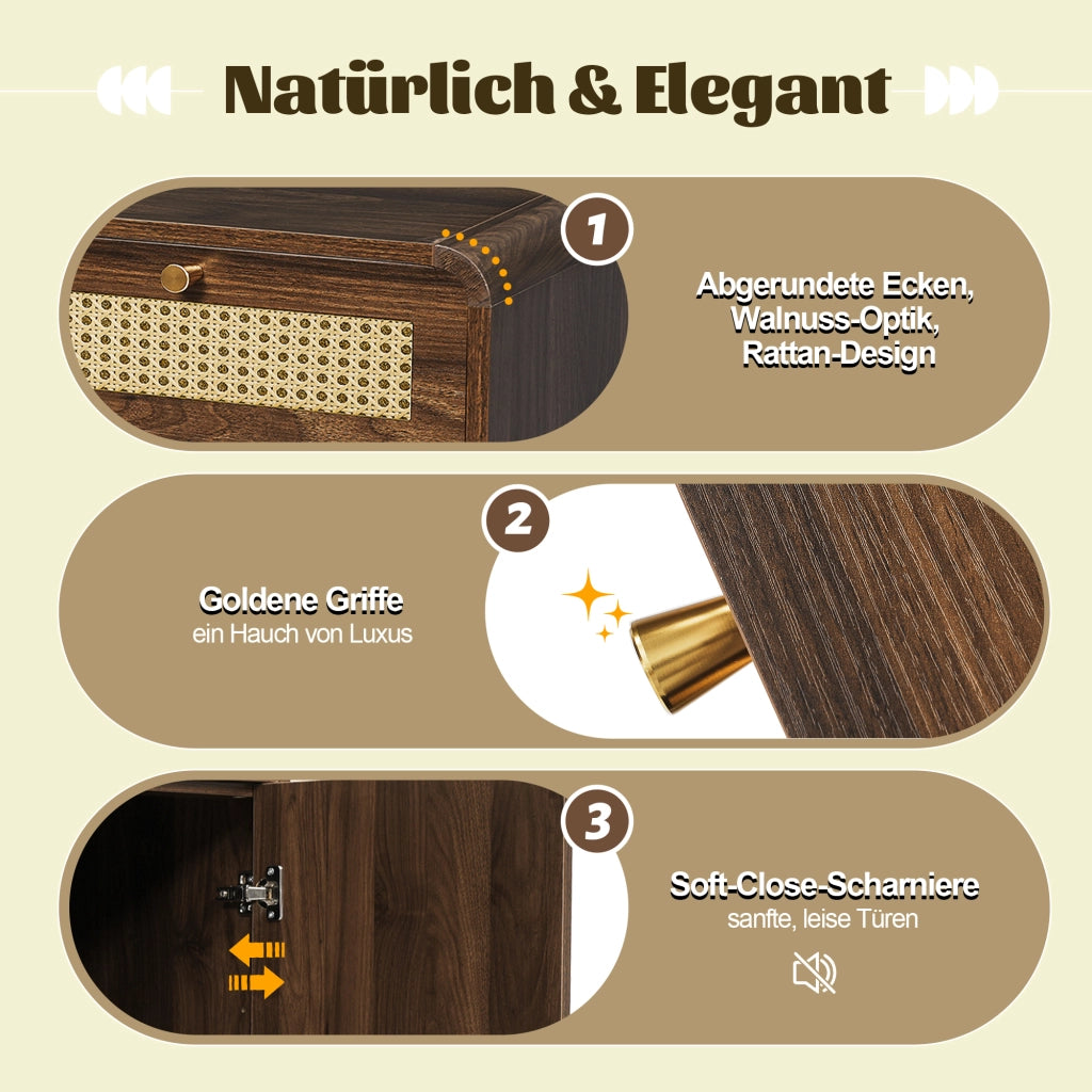 CREDENZA 120x40x85 cm Noce con 3 cassetti, rattan e 2 ante