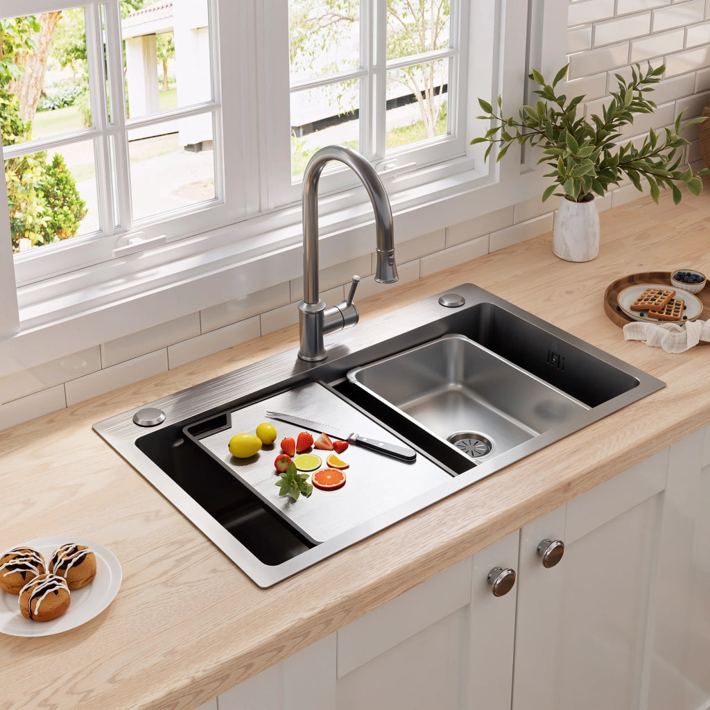 Lavello da cucina da incasso in acciaio inox PVD 75x45 cm con tagliere e doppio filtro