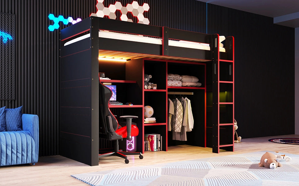Letto a castello gaming in legno 90x200 cm con scrivania, armadio, LED e porta USB, nero e rosso