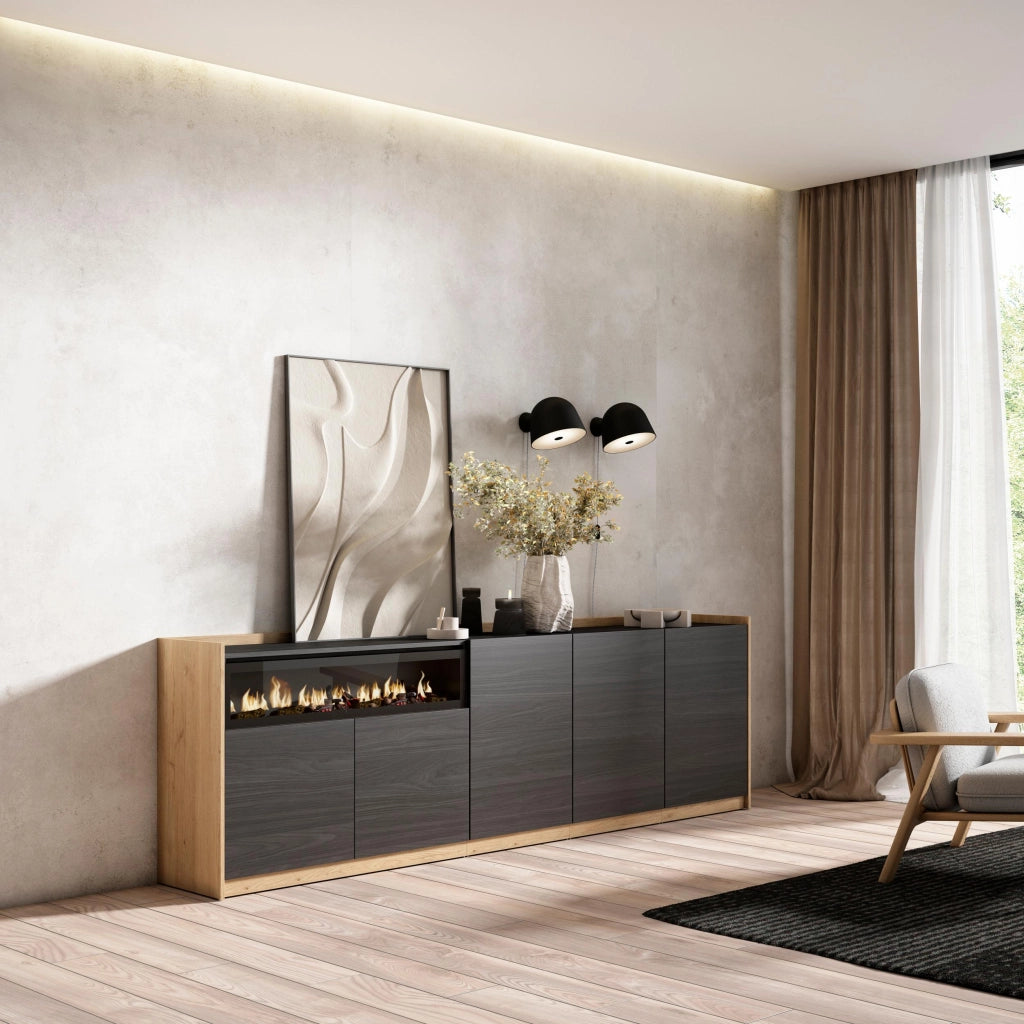 Credenza, Mobile, Cucina, 260x80x37 cm, 5 Porte, Camino elettrico, Nero e rovere