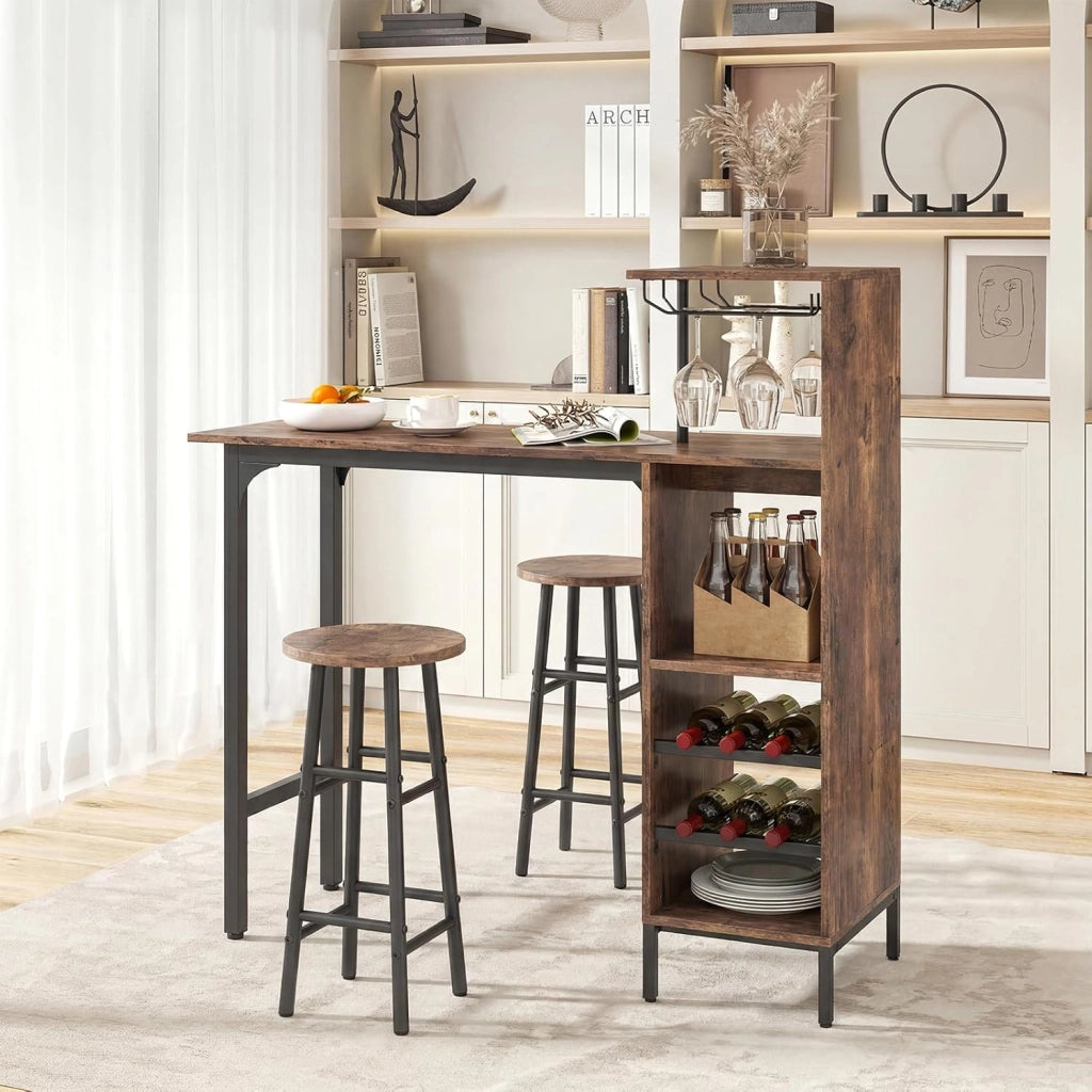 Set 3 Pezzi Tavolo e Sedie da Bar, Tavolo e Sgabelli da Pub Industriale con Porta Calici e 6 Portabottiglie da Vino, Set di Tavolo per Sala da Pranzo, Ristorante e Bar (Caffè)