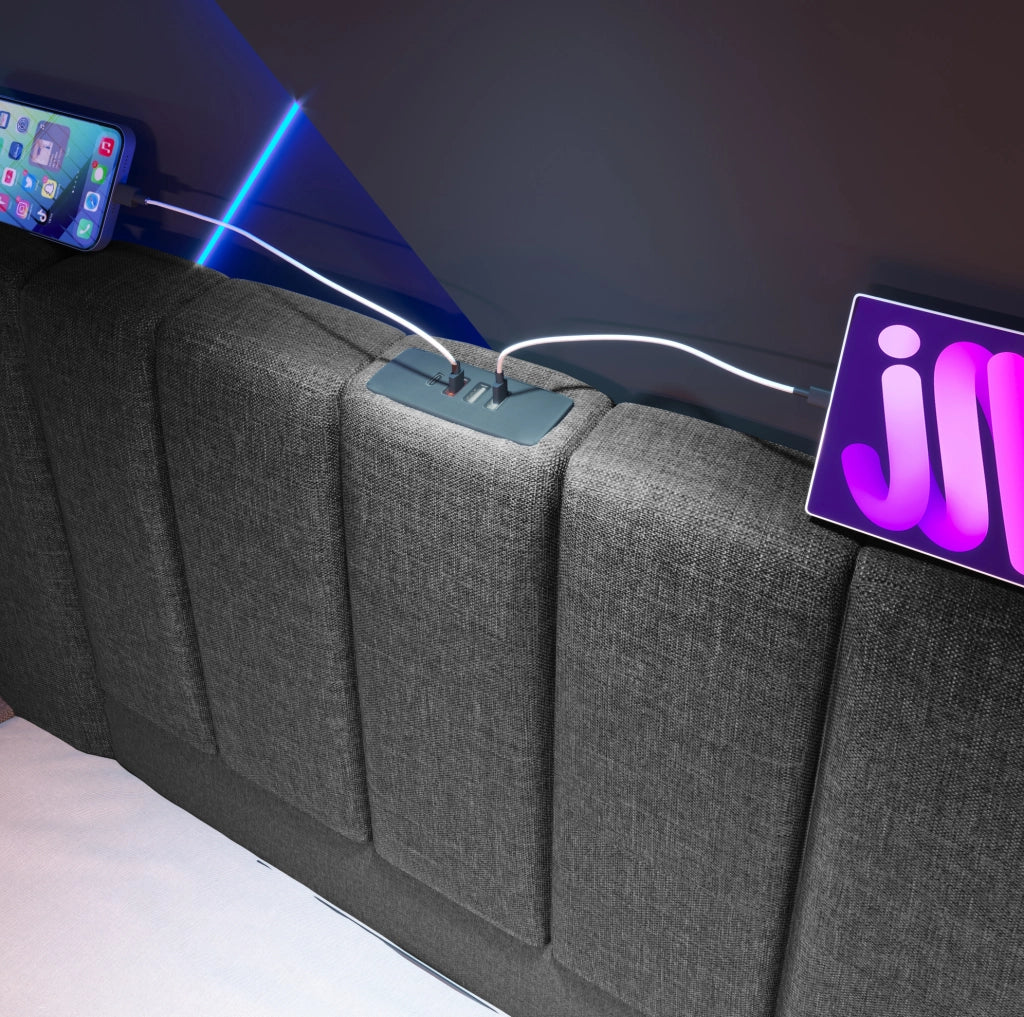 Letto matrimoniale 160x200 cm imbottito in lino grigio con LED 360° e porte USB; con contenitore