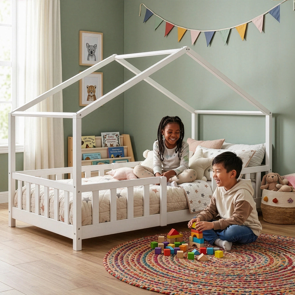 Letto per Cameretta Treviolo a Forma di Casetta in Stile Montessori 90x200 cm Bianco [en.casa]