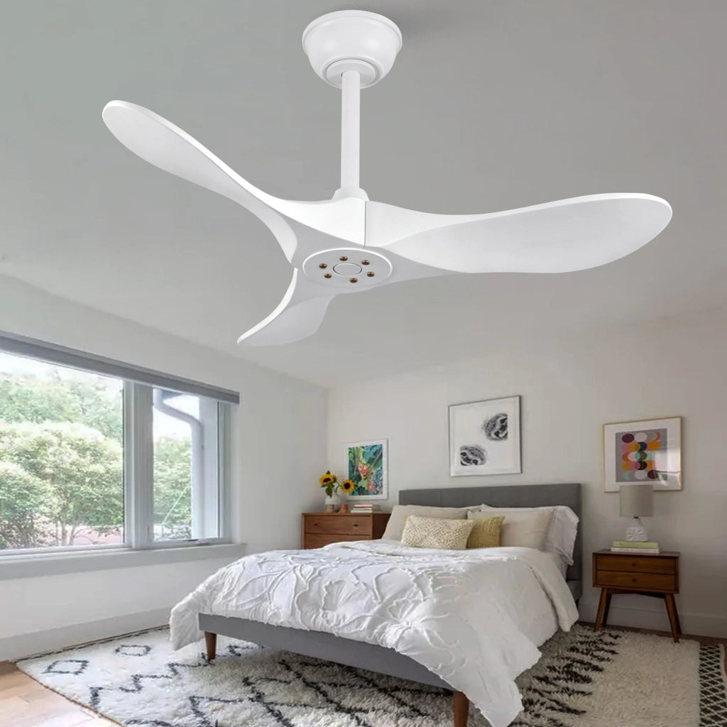 Ventilatore da soffitto bianco design moderno 36 pollici, 3 pale legno massello, senza illuminazione, motore DC reversibile silenzioso
