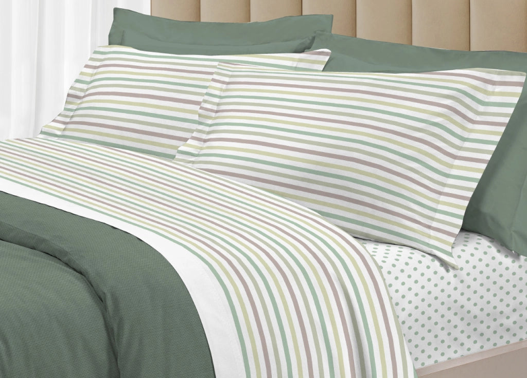Completo Lenzuola Letto 100% Cotone Italy 3027 Disegno Riga Dots - Singolo - Verde