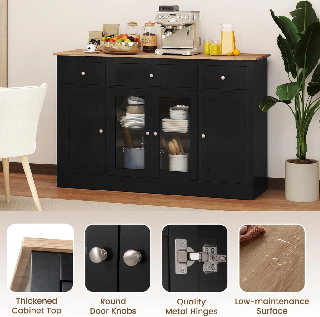 Mobile Buffet Basso, Credenza Moderna da Cucina con 3 Cassetti, 3 Armadi con Ante, Mobiletto Multiuso con Ripiani Regolabili per Soggiorno, Sala da Pranzo, 140x40x90cm (In 2 Pacchi) (Nero)