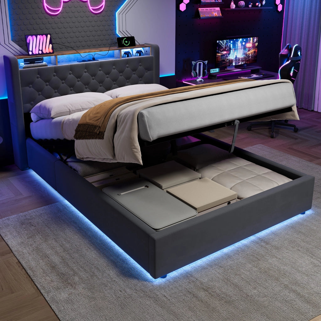 LETTO Imbottito 140 x 190 cm in Velluto Grigio con LED, USB e Contenitore