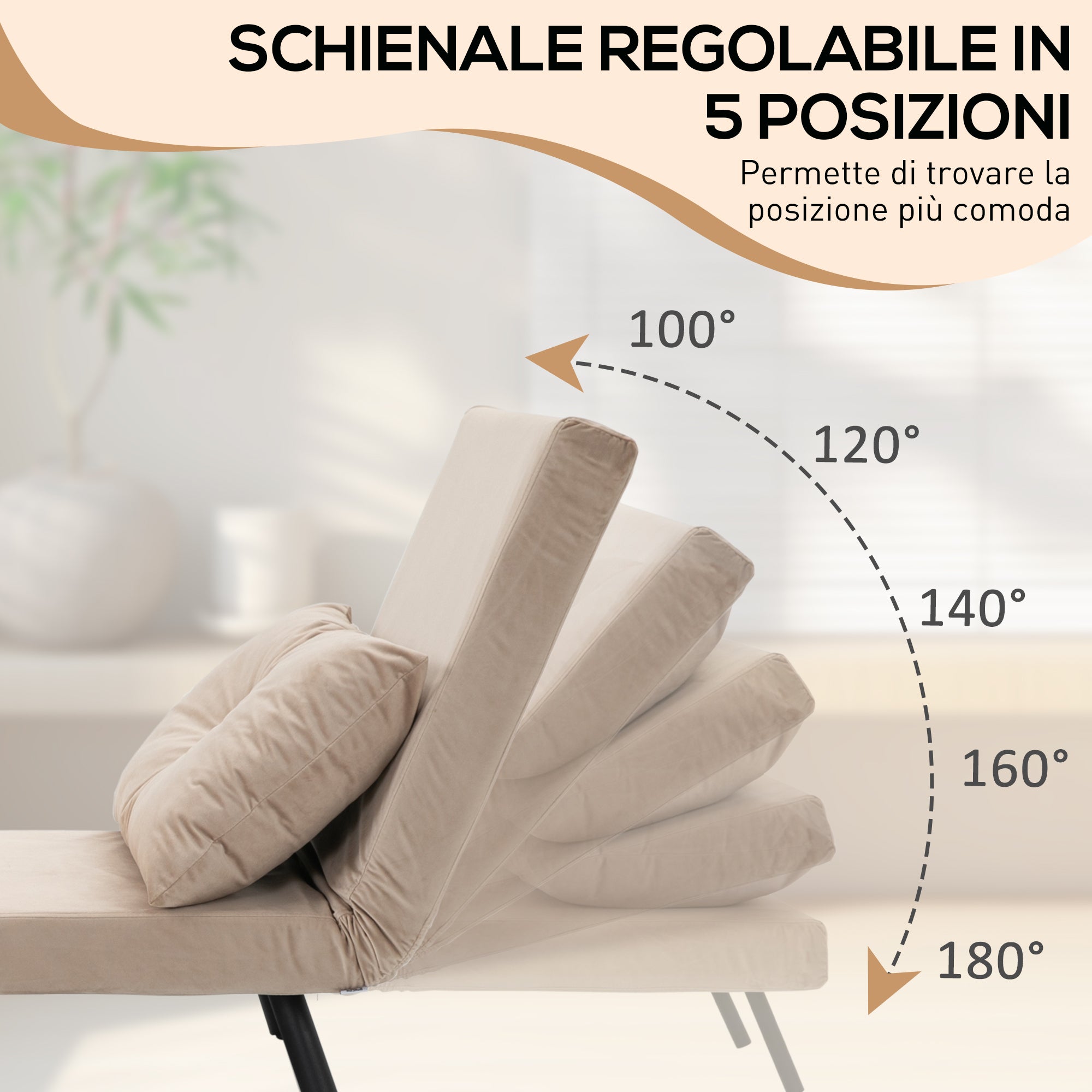 Poltrona Letto 3 in 1 con Schienale Reclinabile 63x73x81 cm e Cuscino in Tessuto Effetto Velluto Beige
