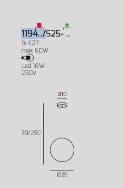 SOSPENSIONE BIANCO 1 LUCE VETRO MEDIO FUME' 1194BI-S25-FU