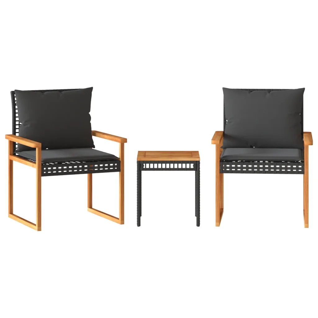 Set da BistrÃ² 3 pz con Cuscini Nero Polyrattan e Legno Acacia