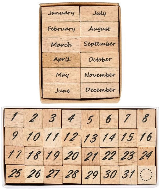 Set di Timbri in Legno da 44 Pezzi - Numeri 0/31 - Timbri Mensili - Timbri Decorativi - Ideali per Scrapbooking - Timbri per Carte Postali