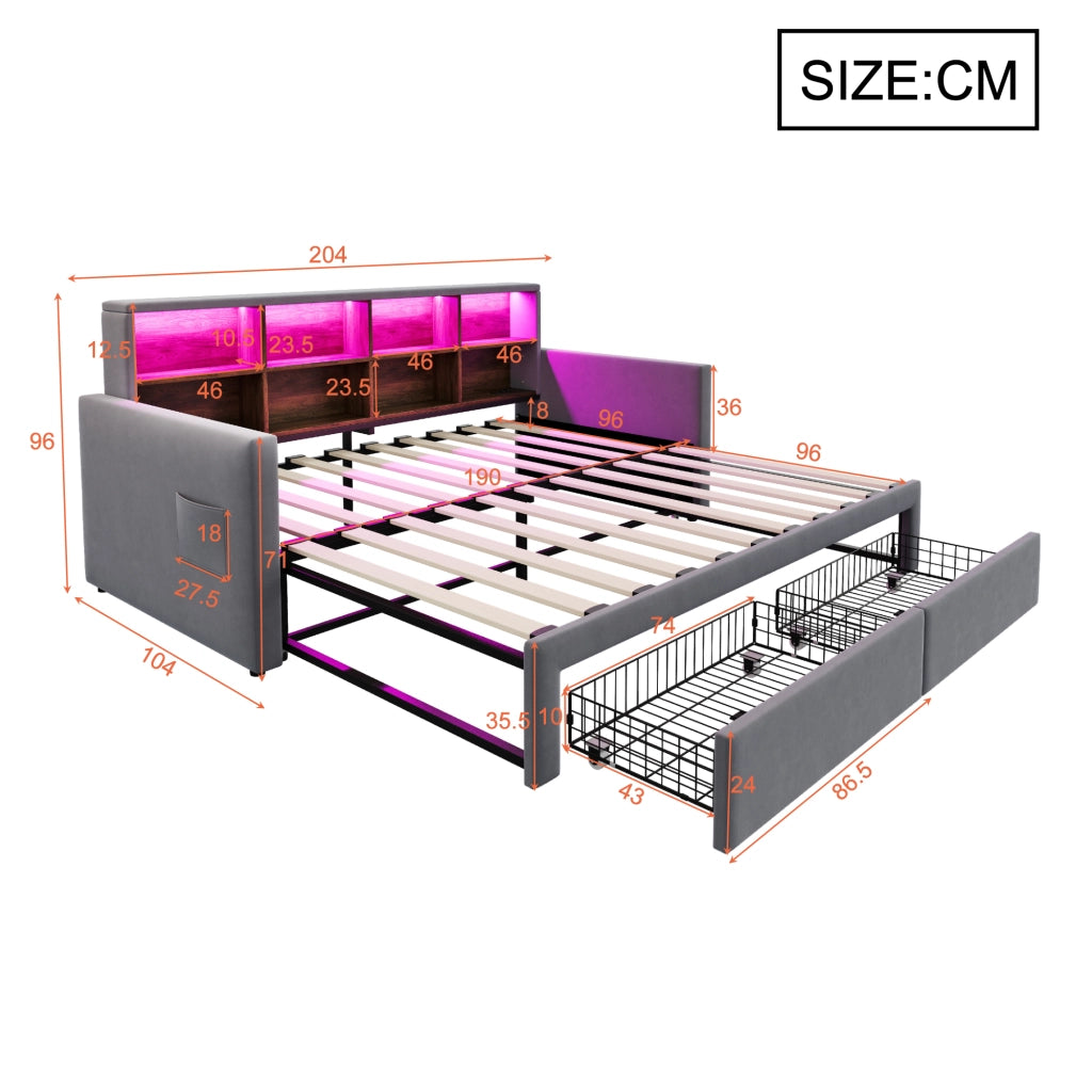 Letto Estraibile 1-2 Posti con Contenitore; 2 Cassetti; LED; USB e USB-C; 90×190 e 180×190 cm; senza Materasso
