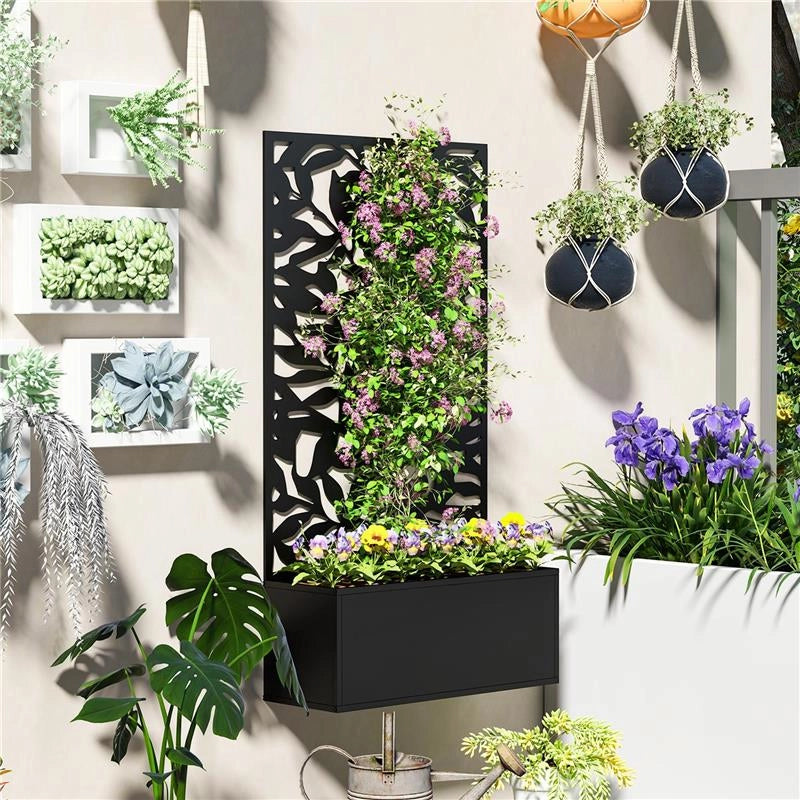FIORIERA CON SPALLIERA PER RAMPICANTI IN ACCIAIO, MONTAGGIO A PARETE O A TERRA, 61X23X113 CM, NERO