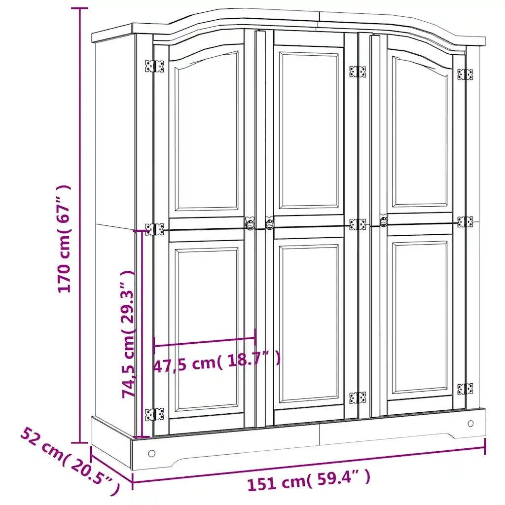 Armadio in Legno di Pino Messicano Corona 3 Ante Bianco 282622