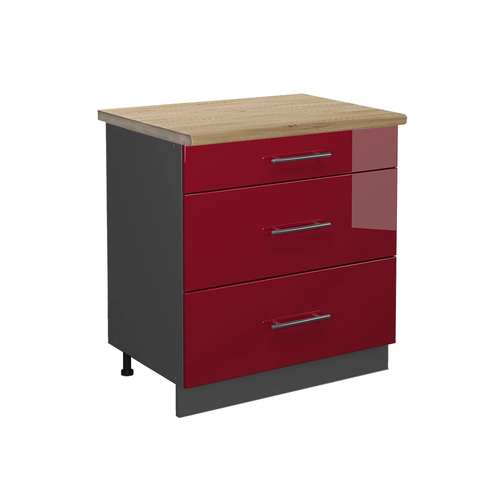 Mobiletto base per cucina Fame-Line Bordeaux lucido/Antracite 80 cm con 3 cassetti, PL Rovere Vicco