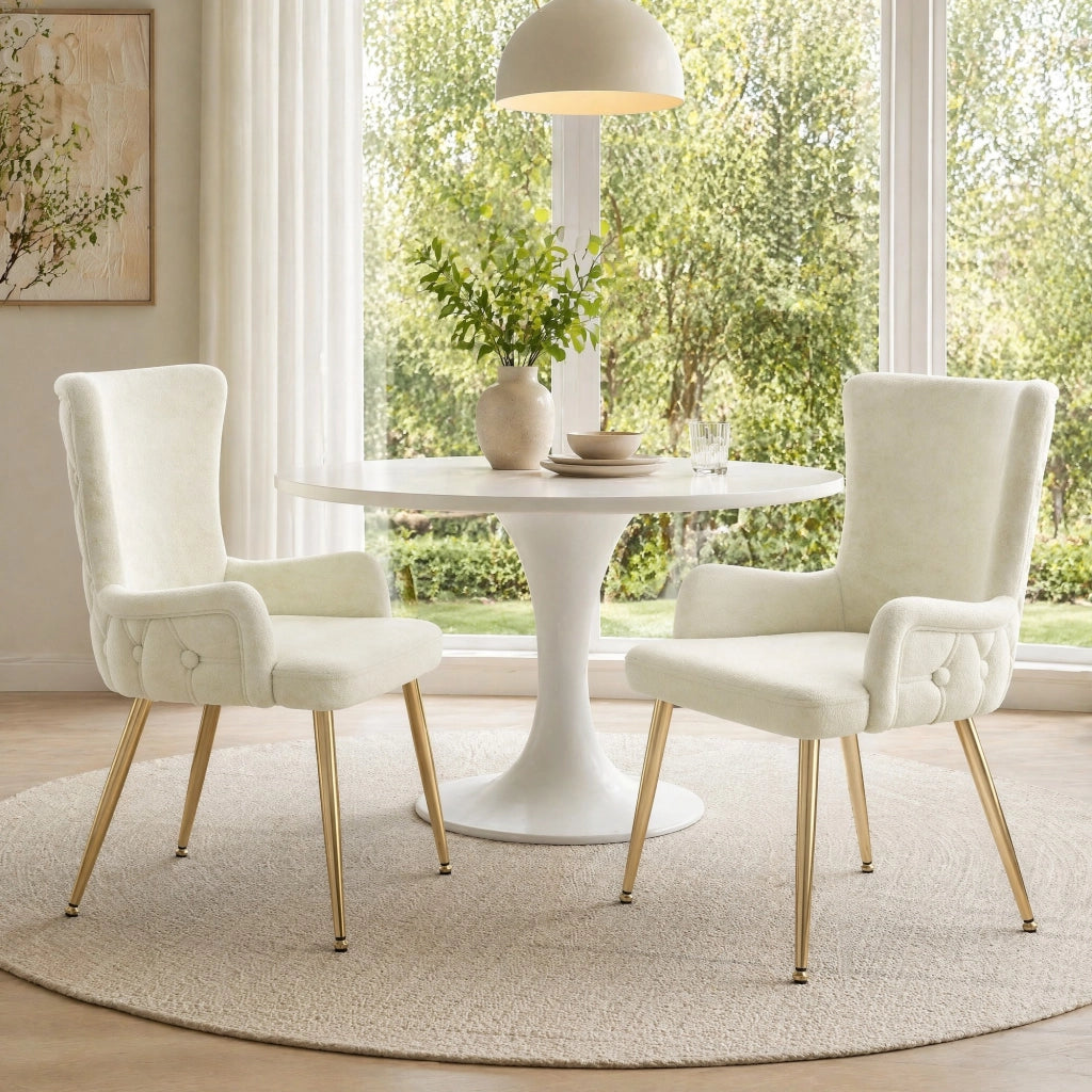 Set 2 sedie da pranzo in velluto beige e oro, sedie moderne con gambe in metallo
