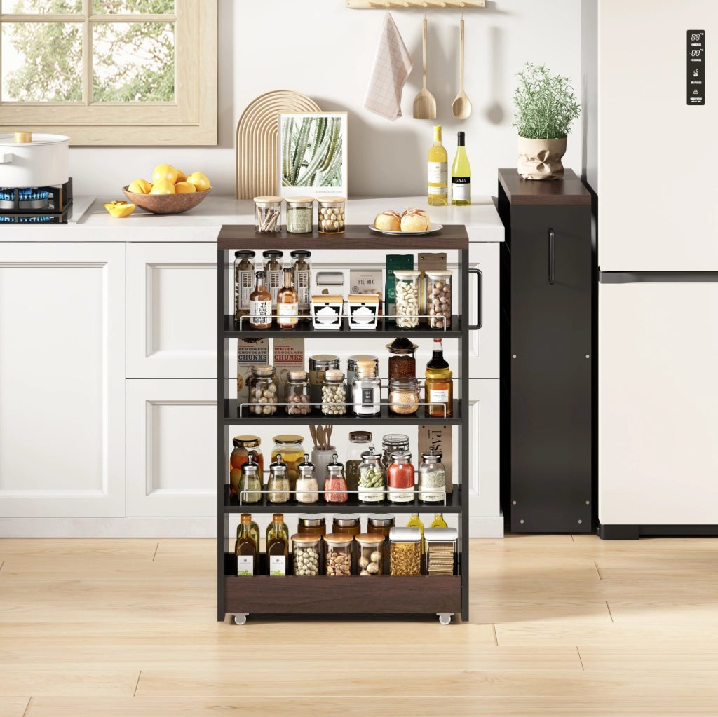 Carrello contenitore 20 cm nero marrone in MDF - 4 ripiani regolabili