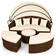 Isola Prendisole Modulare In Polyrattan Con Set Arredo Da Esterno Completo Di Tavolino Integrato E Quattro Cuscini E Tettuccio Parasole Pieghevole Per Giardino Terrazza Beige E Marrone