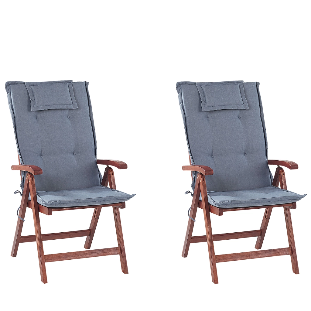 Set di 2 sedie da giardino in legno di acacia cuscino blu regolabile pieghevole per esterni in stile rustico country
