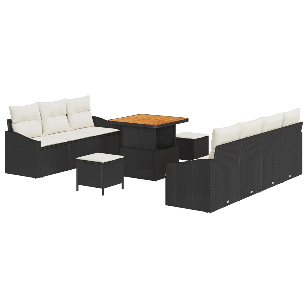 Set Divano Giardino 10 Pezzi Cuscini Nero Rattan Sintetico Acacia