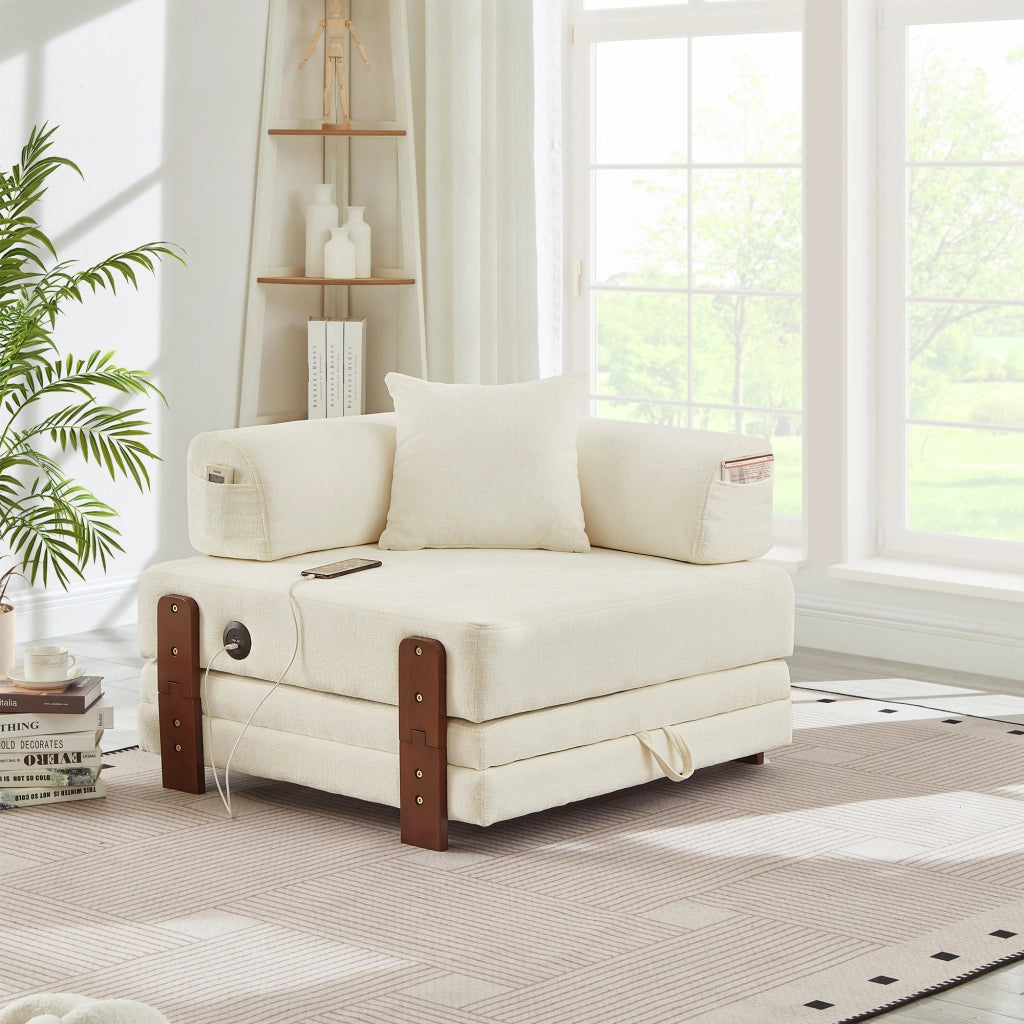 Divano letto con funzione letto, porte USB e Type C, tasche laterali e vano portaoggetti, in tessuto beige