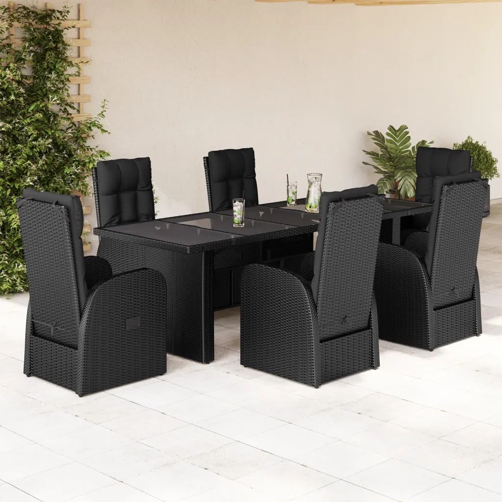 Set da Pranzo da Giardino 7 pz Nero con Cuscini in Polyrattan