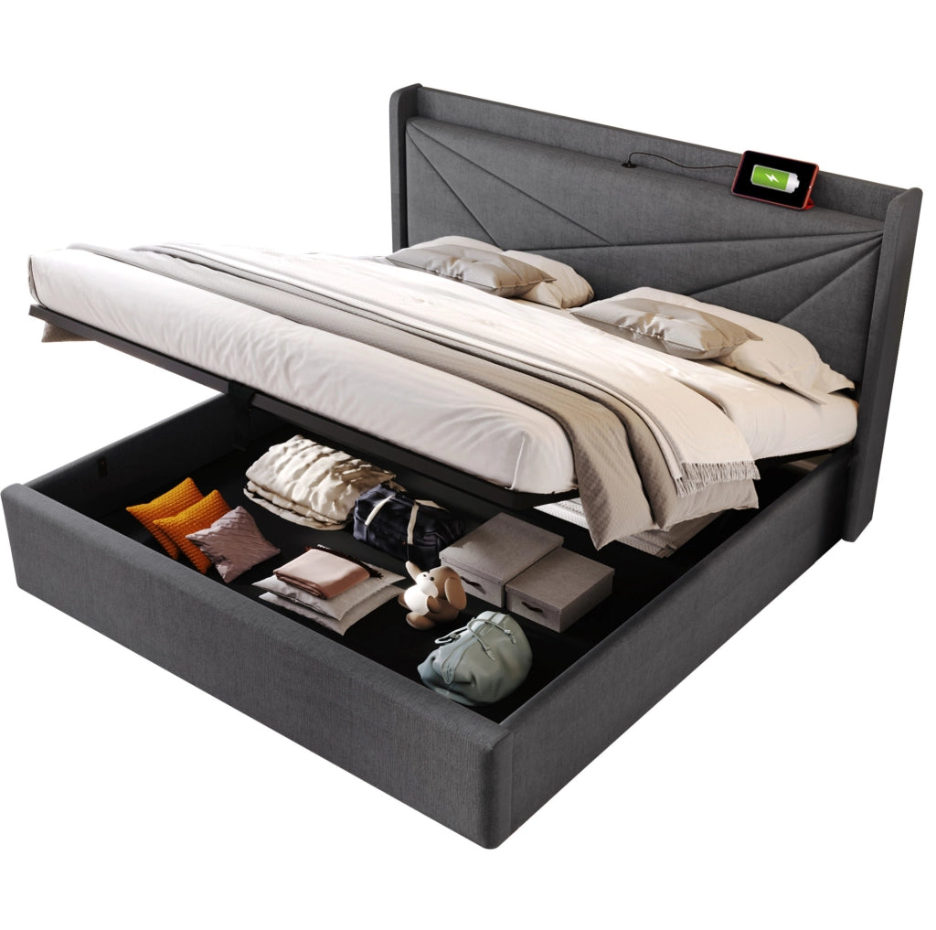 Letto matrimoniale contenitore 140x200 con USB e Type-C; testiera; grigio