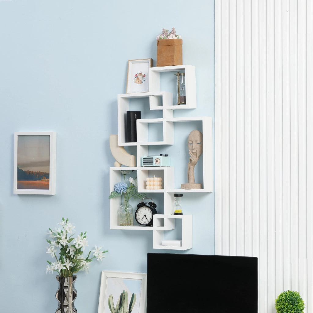 Mensola da parete moderna in legno di abete, bianca, 49,5 x 10,2 x 86 cm, 9 scomparti