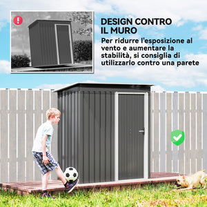 Capanno Box Attrezzi 163x89x182 cm con Tetto Inclinato e Porta Scorrevole in Acciaio e PP Grigio Chiaro