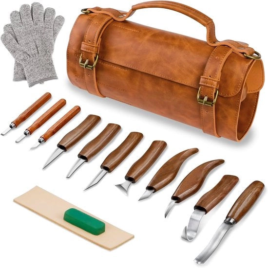 Set di strumenti per la lavorazione del legno - Collezione di 14 coltelli per principianti e bambini - Ideale per la lavorazione del legno e progetti di fai-da-te