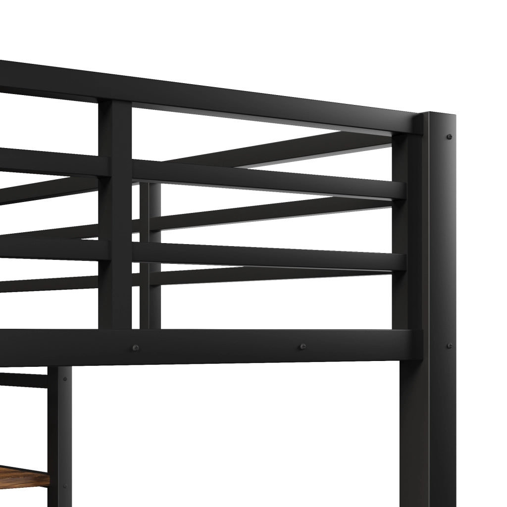 Letto a castello 140×200 cm e 90×200 cm con USB; Type-C; LED e ripiani; senza materasso; metallo; nero