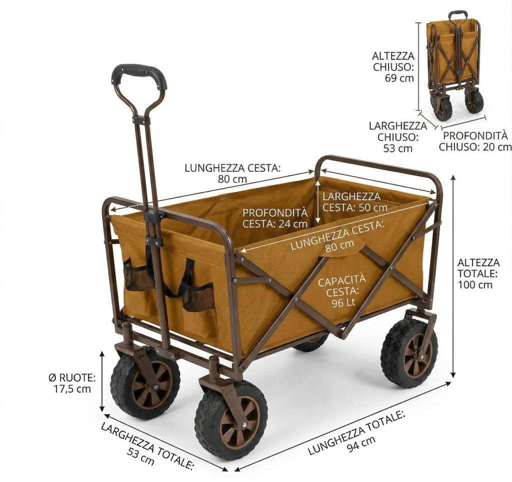 Carrello Pieghevole Trasporto per Spiaggia, Giardino e Spesa. 96 Litri, Max 65kg. Colore: Sabbia