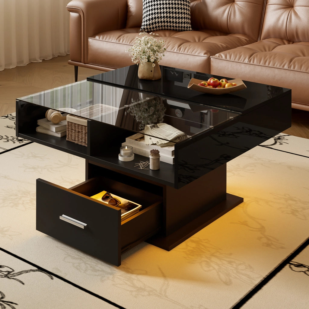Tavolino da caffè 78x78x45.5/59.5 cm; sollevabile con LED e vano contenitore; truciolare; nero