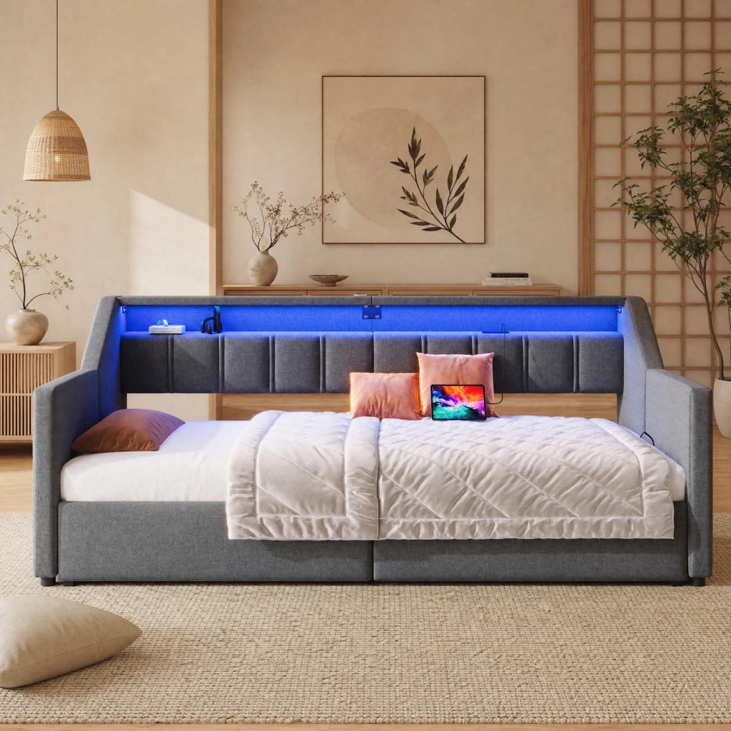 Letto multifunzionale 90x200 cm con USB, Type-C, LED e 2 cassetti
