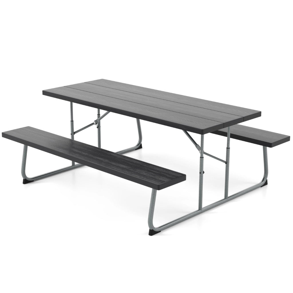 Tavolo da picnic pieghevole con 2 panche, Set di tavolo da 183cm con telaio in metallo e foro per ombrellone Nero-Tavoli e sedie da campeggio