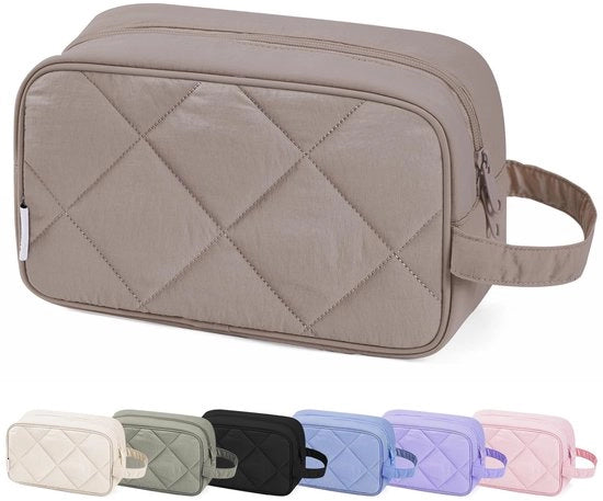 Tas Grande Cosmetica per Uomo e Donna - Borse da Bagno Impermeabili con Cerniera, Borse da Trucco Essenziali per il Viaggio, Organizzatore da Bagno per il Trucco, Accessori da Viaggio (Pelle Foderata Marrone Scuro)