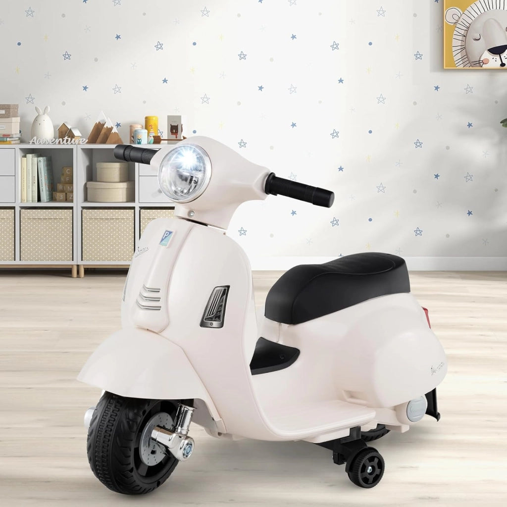 Moto Elettrica per Bambini, 6V Mini Moto per Bambini 18-36 Mesi, con Licenza Ufficiale Vespa, con Luci a LED e Suoni di Clacson, Portata 25 kg, 2 Ruote di Allenamento, 2,5 km/h (Bianco)