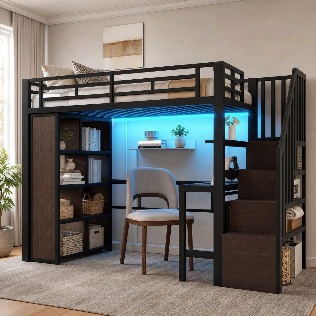 Letto a soppalco 90x200 cm con scrivania, ripiani e LED, struttura in metallo
