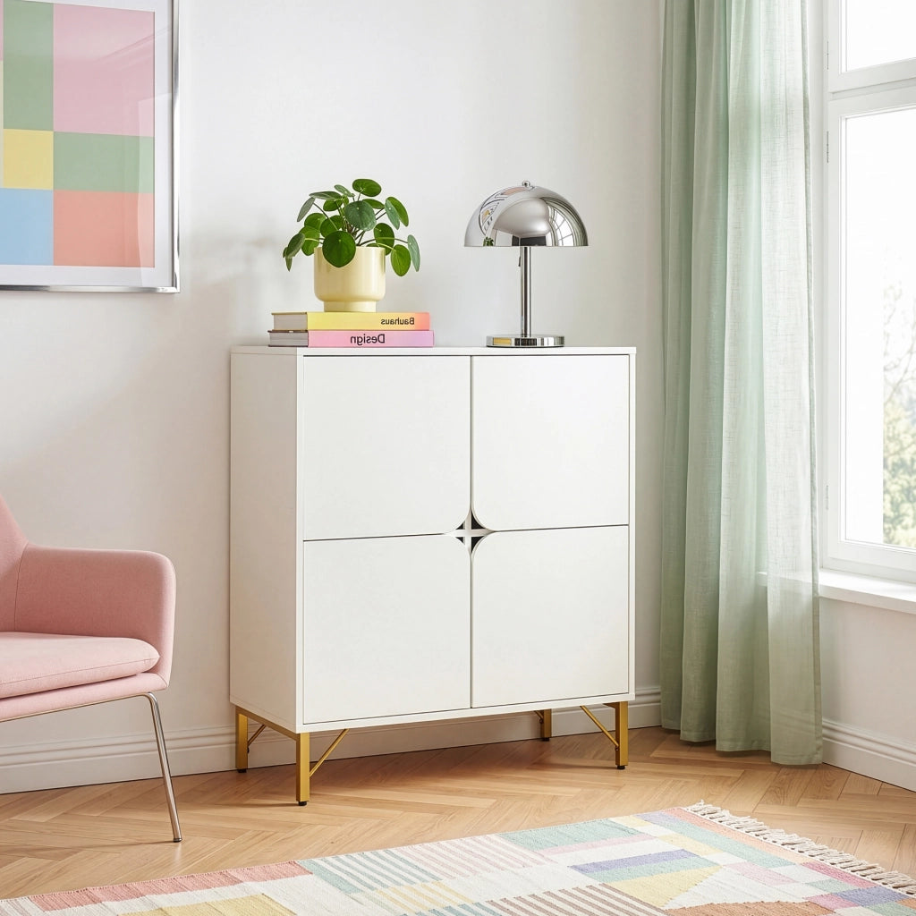 Credenza Reyri Madia Moderna Salvaspazio con 4 Ante 90x80x35 cm Bianco / color Oro [en.casa]