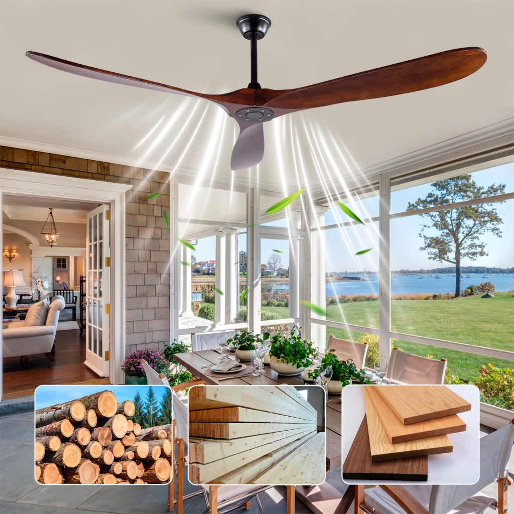 Ventilatore da soffitto senza luce in legno e metallo nero e noce scuro con telecomando, 6 velocità, timer e inversione