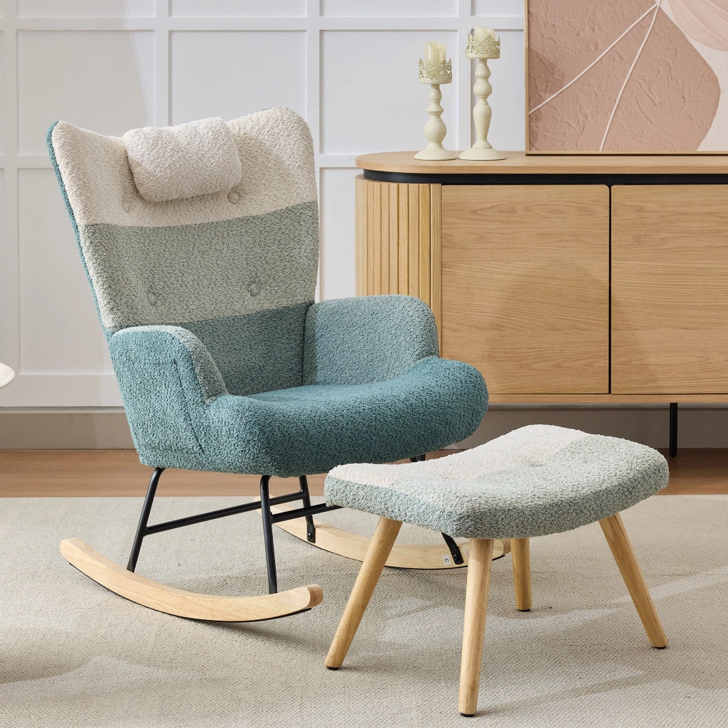 Sedia a Dondolo Patchwork in Boucle con Poggiapiedi