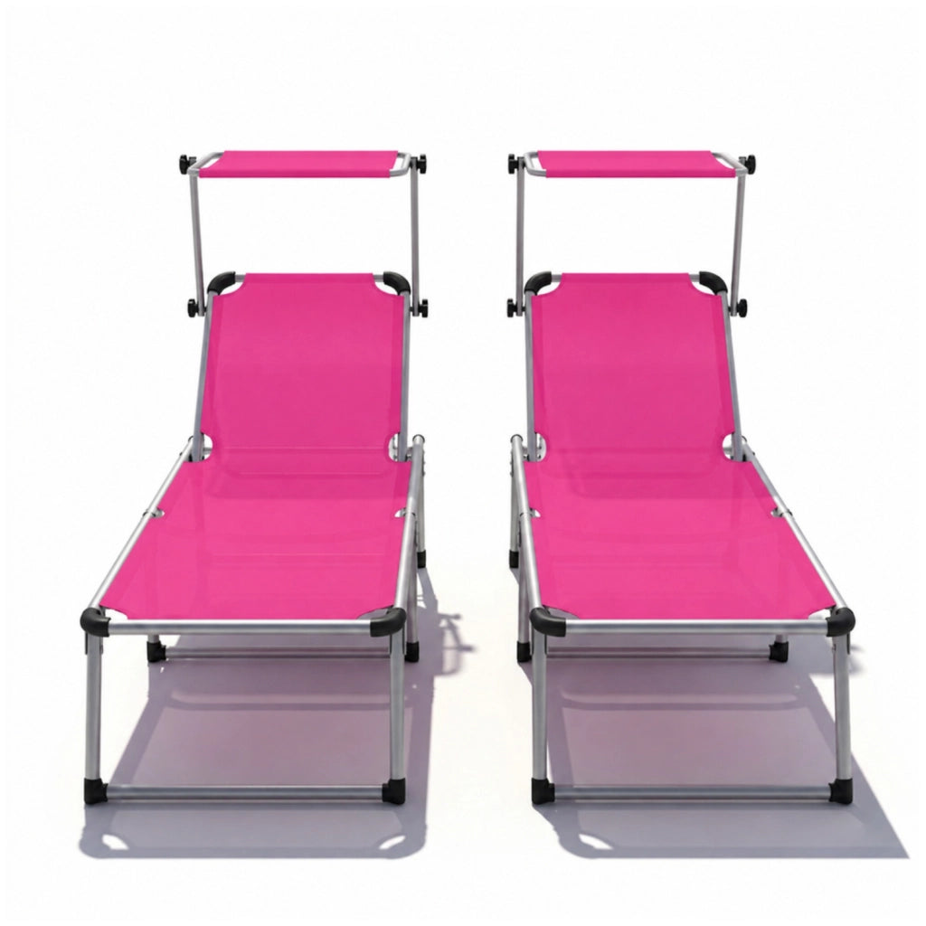Prendisole Coppia Di Lettini Pieghevole Tettuccio Parasole Schienale Reclinabile Regolabile 6 Posizioni Struttura In Alluminio Sedia Sdraio Spiaggia Mare Giardino Piscina 187 x 59 x 29 Cm Rosa