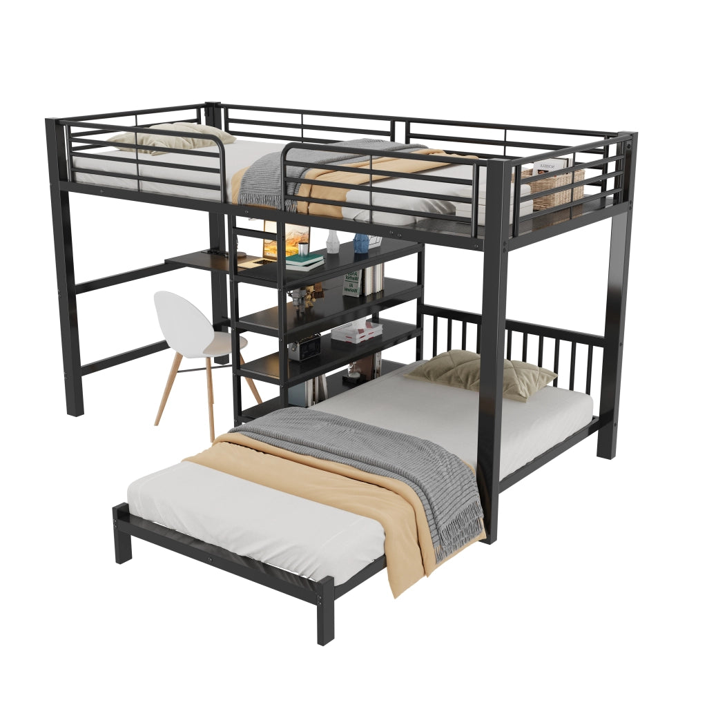 Letto a castello 90×200 cm con scrivania; ripiani e prese USB Type-C; senza materasso; metallo; nero