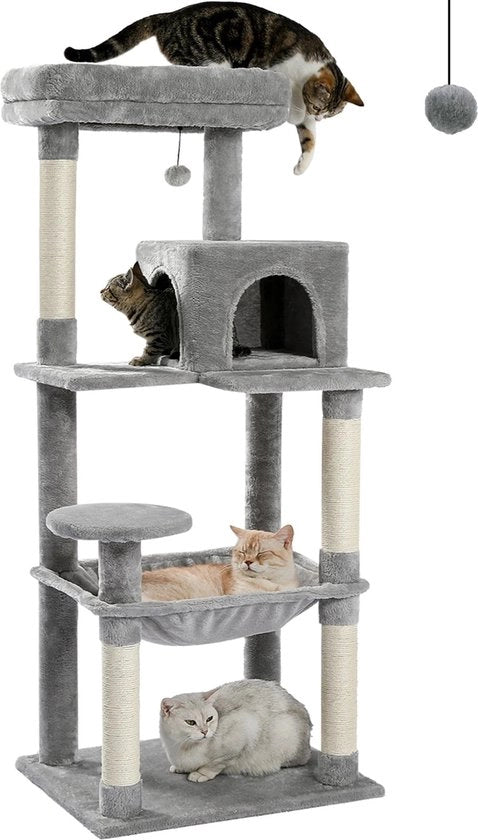 Gatto Multilivello - 5 Piani - Inclusa Lettiera - Con Parete di Grattamento e Giocattolo - Per Gatti Grandi - Colore Grigio