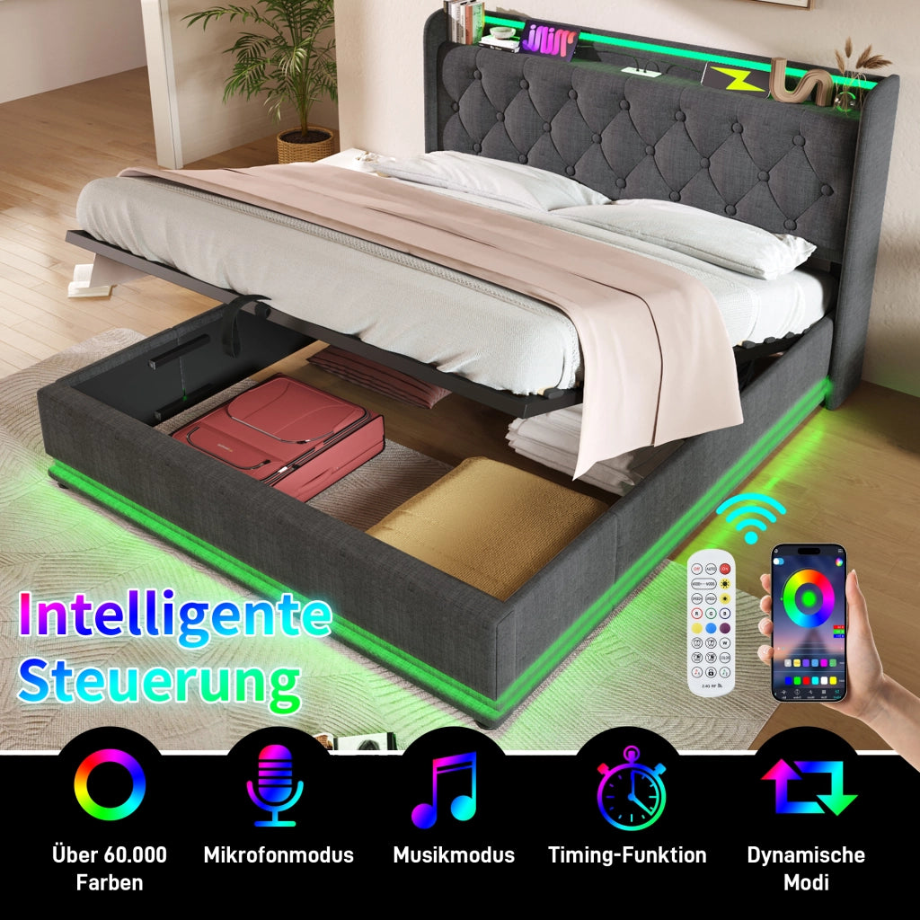 Letto imbottito idraulico con illuminazione a LED e porta USB 140x190 cm colore grigio lino