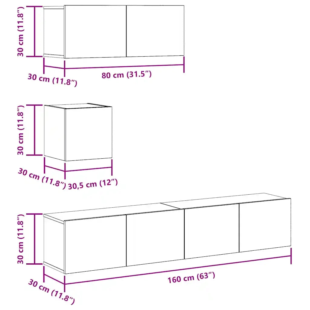 Set Mobile TV 4 pz Montato a Parete Rovere in Legno Multistrato 3329156