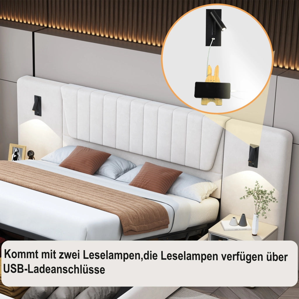 Letto Contenitore 180x200 cm; Matrimoniale; con Lampade Orientabili; USB; Velluto Beige