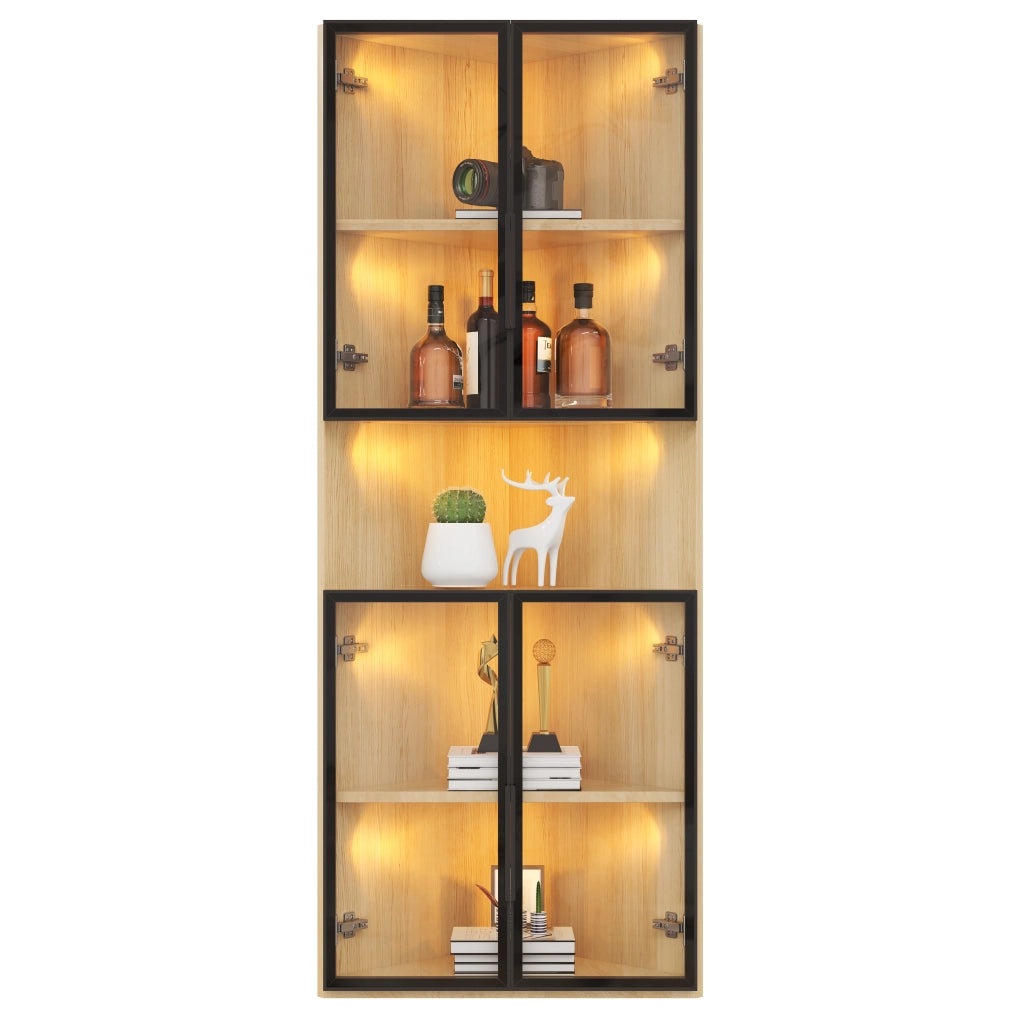 Vetrina angolare LED in MDF effetto rovere 62x32x160 cm con ante in vetro e chiusura soft-close