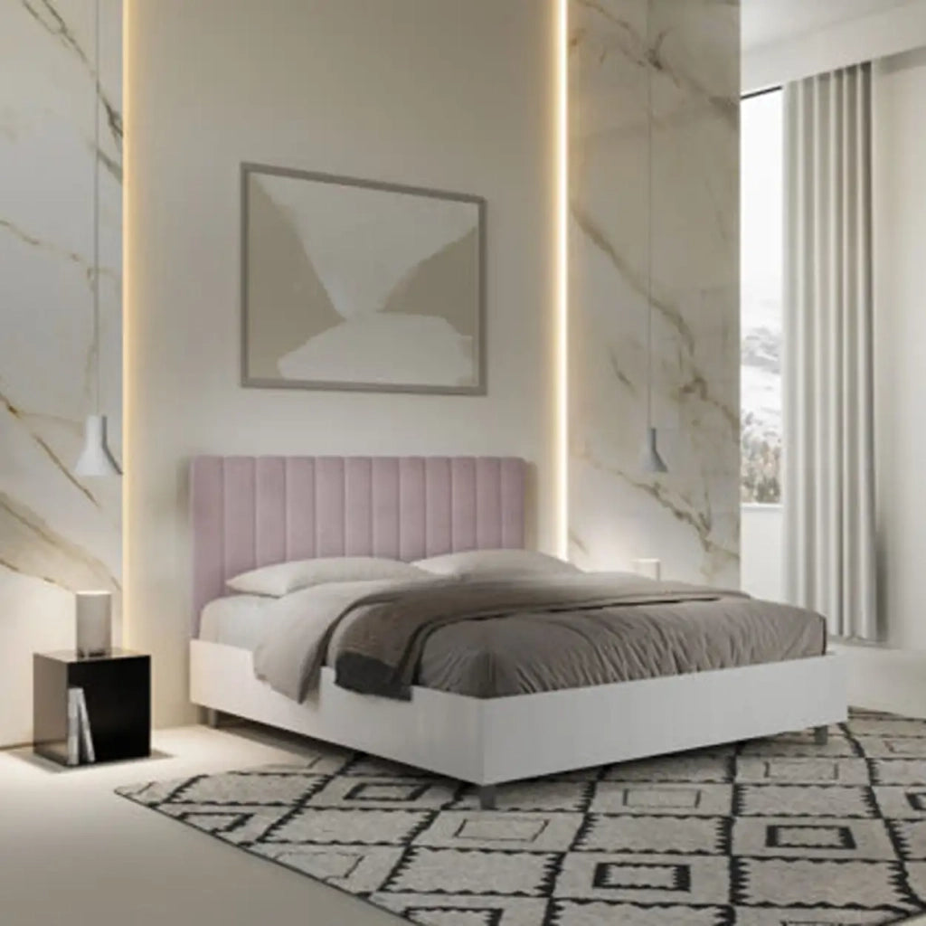 Letto matrimoniale contenitore 160x190 bianco frassino testata microfibra glicine Kaia